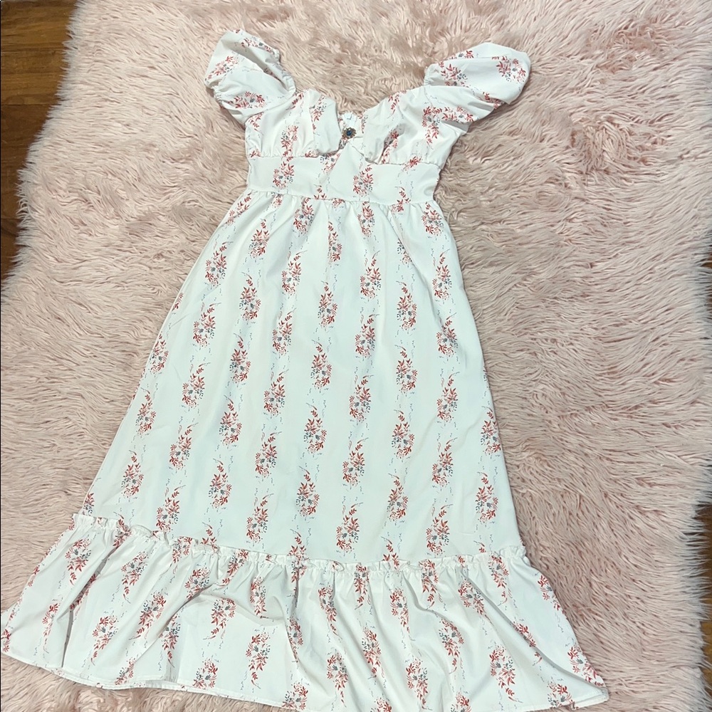 White Floral Puff Sleeve Midi Dress | Size XS